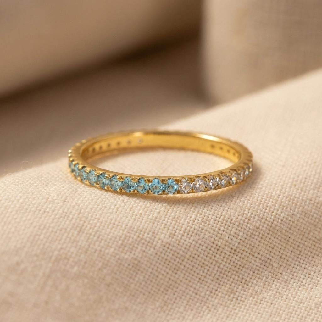 Aquamarine Diamond Band, March Birthstones, Aquamarine Full Eternity Wedding Band, Diamond Wedding Ring, Anniversary Rings