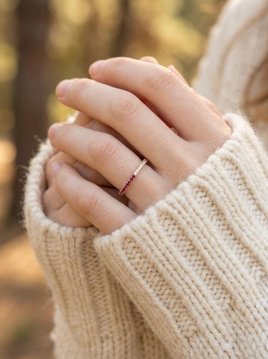 Bridesmaid Gift Birthstone Ruby Wedding Band, Dainty Red Gemstone Stacking Ring, July Birthday Jewelry