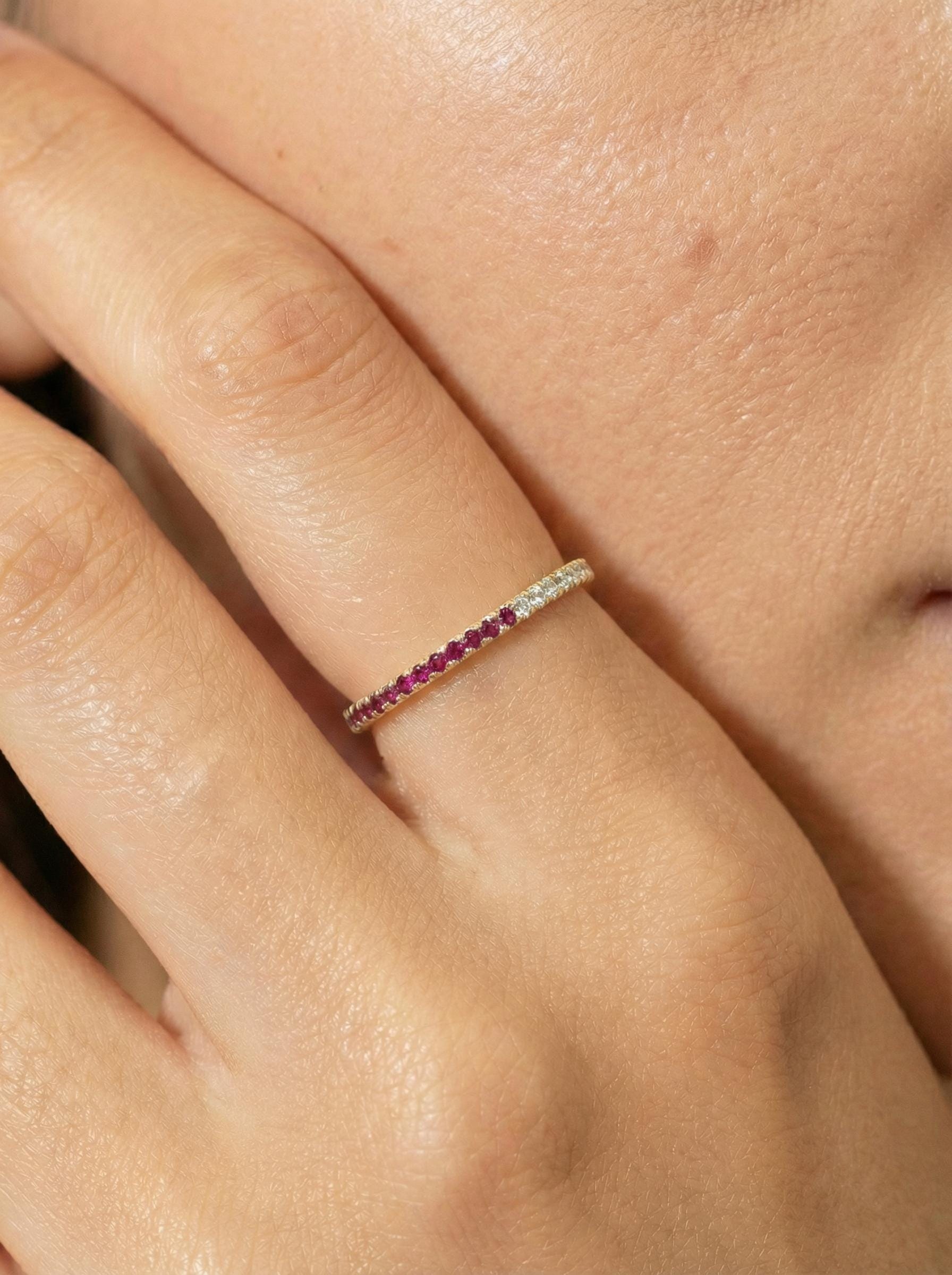 Bridesmaid Gift Birthstone Ruby Wedding Band, Dainty Red Gemstone Stacking Ring, July Birthday Jewelry