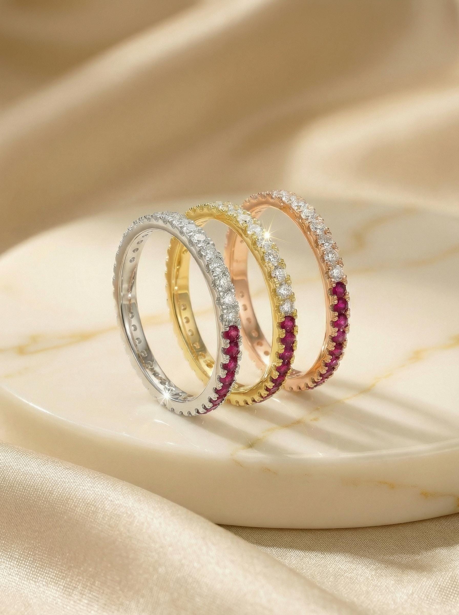 Bridesmaid Gift Birthstone Ruby Wedding Band, Dainty Red Gemstone Stacking Ring, July Birthday Jewelry