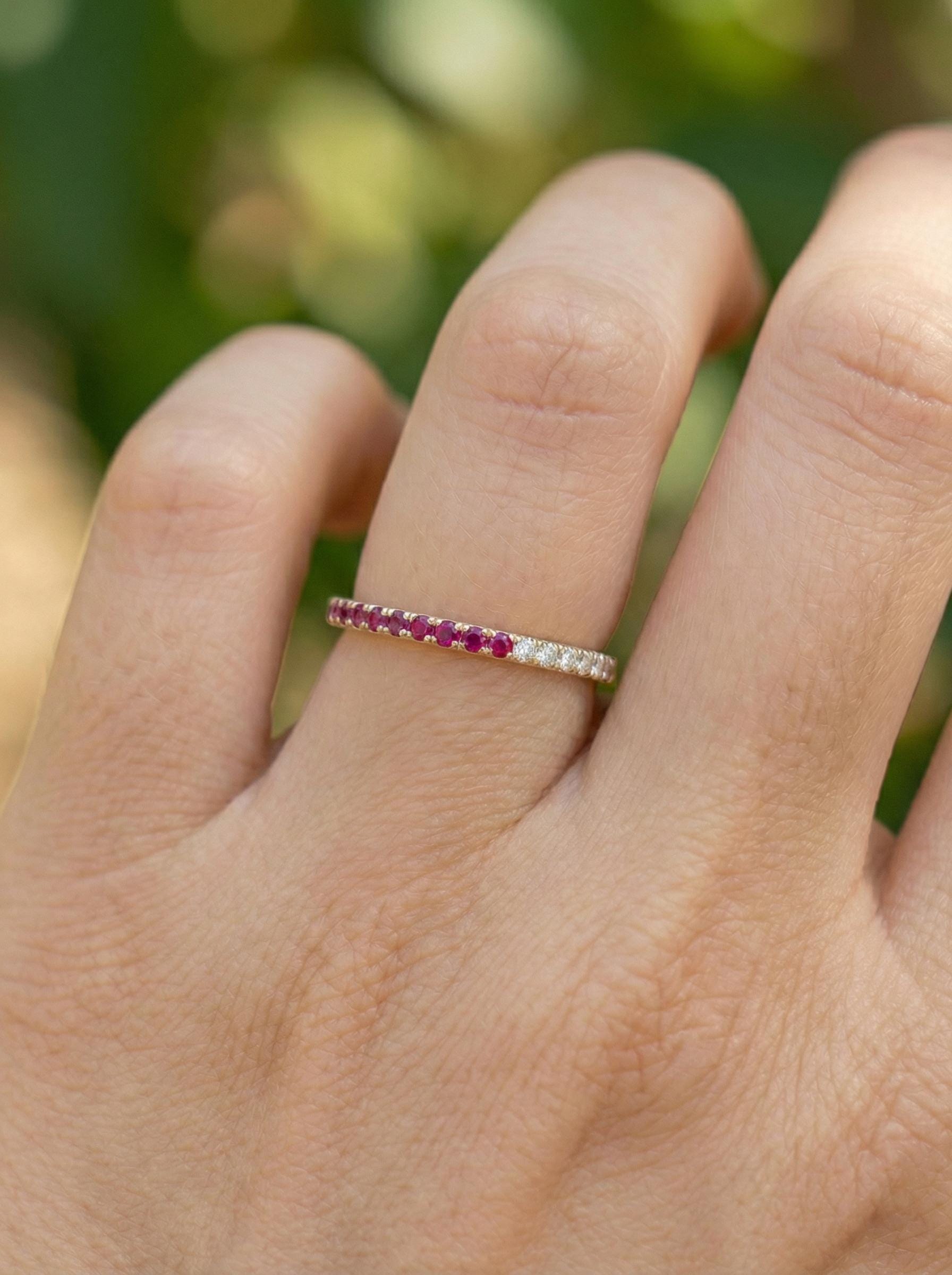 Bridesmaid Gift Birthstone Ruby Wedding Band, Dainty Red Gemstone Stacking Ring, July Birthday Jewelry