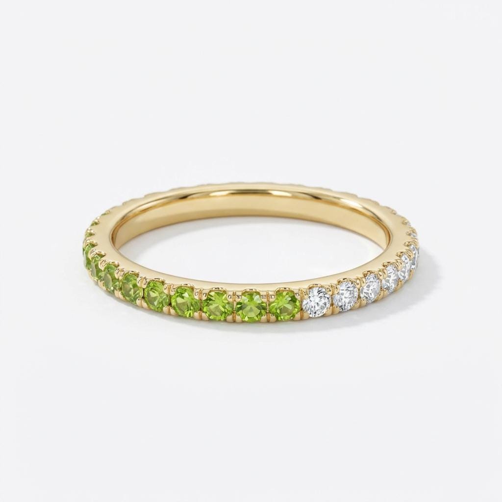 Peridot Diamond Band, August Birthstones, Peridot Full Eternity Wedding Band, Diamond Wedding Ring, Anniversary Rings