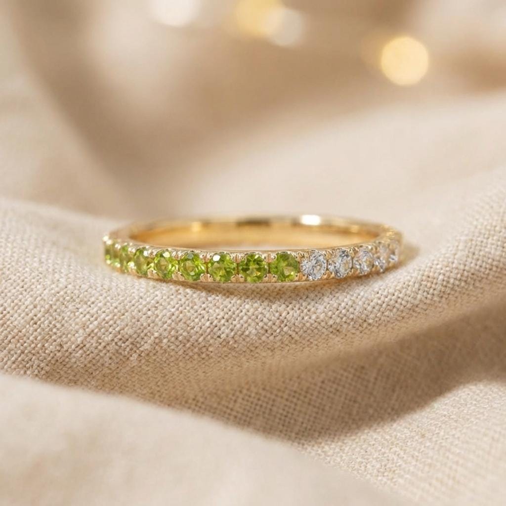 Peridot Diamond Band, August Birthstones, Peridot Full Eternity Wedding Band, Diamond Wedding Ring, Anniversary Rings