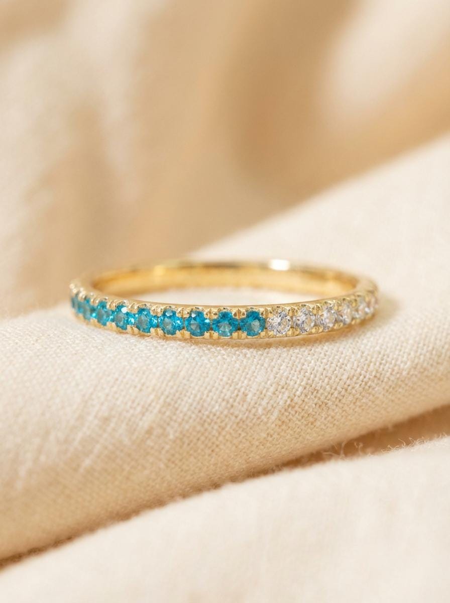 Blue Zircon Diamond Band, December Birthstones, Blue Zircon Full Eternity Wedding Band, Diamond Wedding Ring, Anniversary Rings