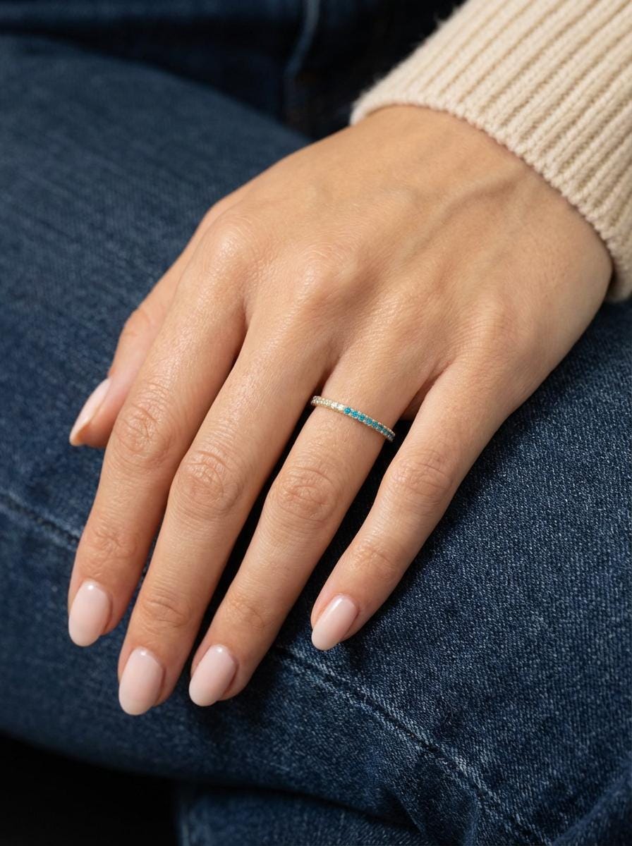 Blue Zircon Diamond Band, December Birthstones, Blue Zircon Full Eternity Wedding Band, Diamond Wedding Ring, Anniversary Rings