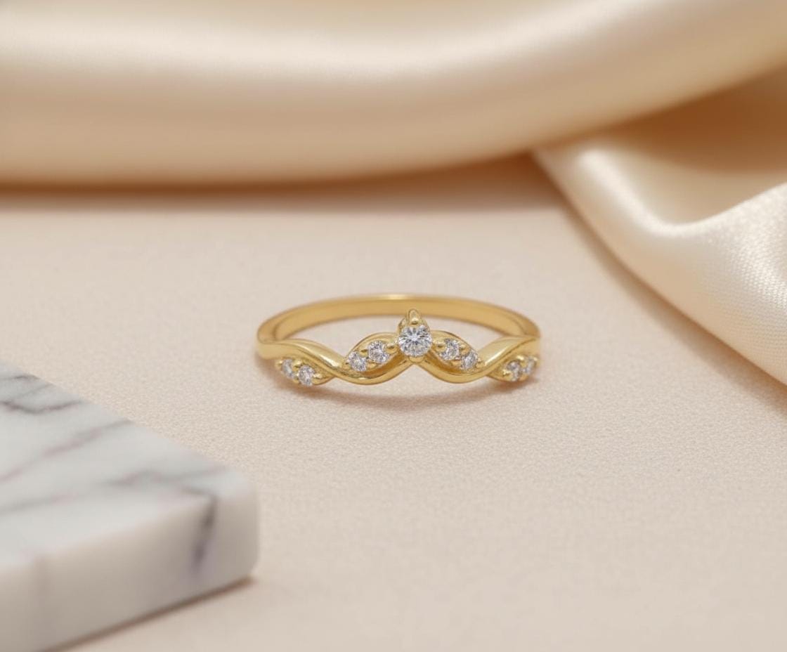 Moissanite Curved Wedding Band Vine Chevron Ring V Shape Stacking Ring Contour Band Art Deco Bridal Jewelry Nature Inspired