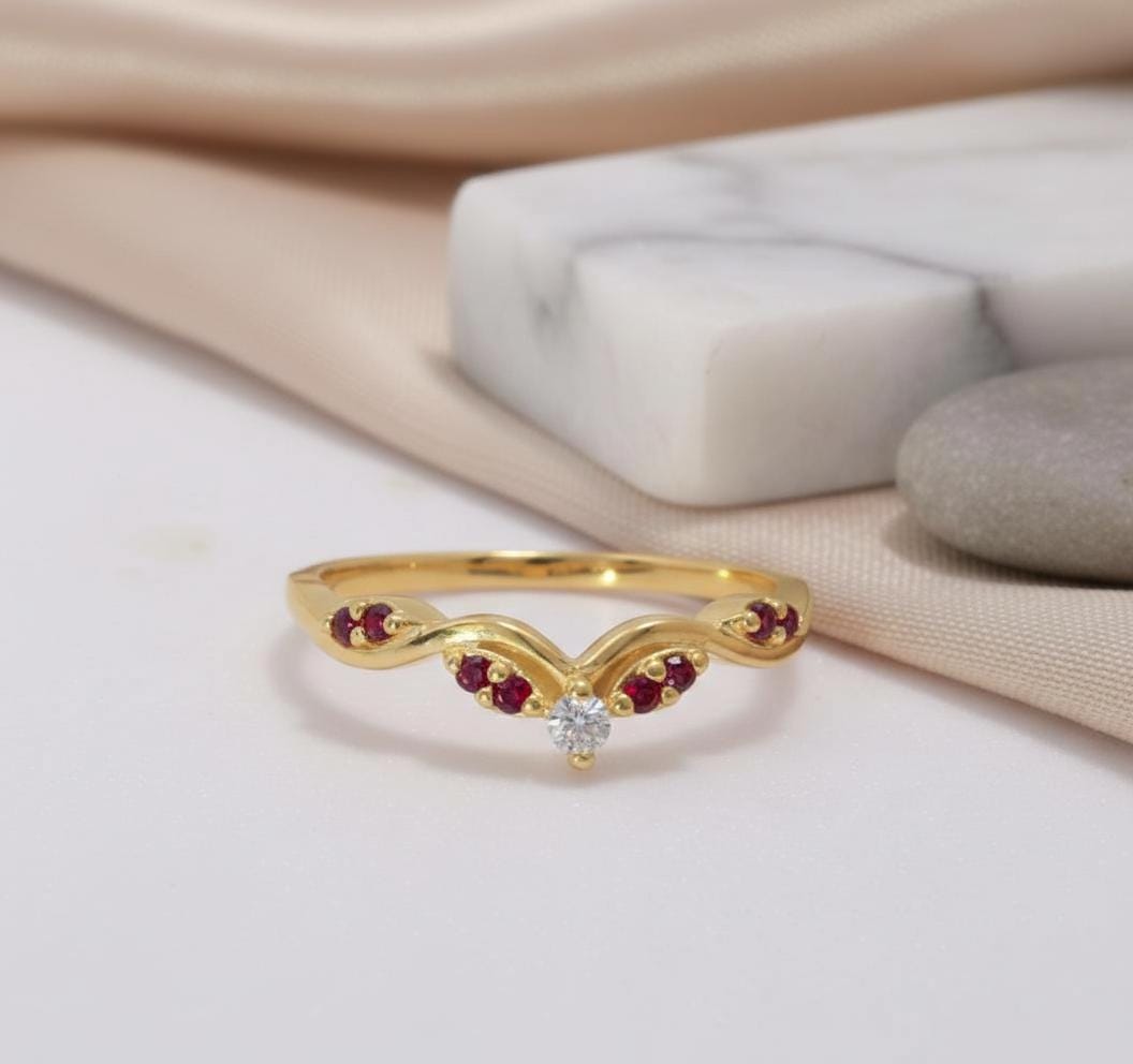 Garnet Curved Wedding Band Deep Red January Birthstone Ring V Shaped Nesting Ring Yellow Gold Chevron Stacking Ring