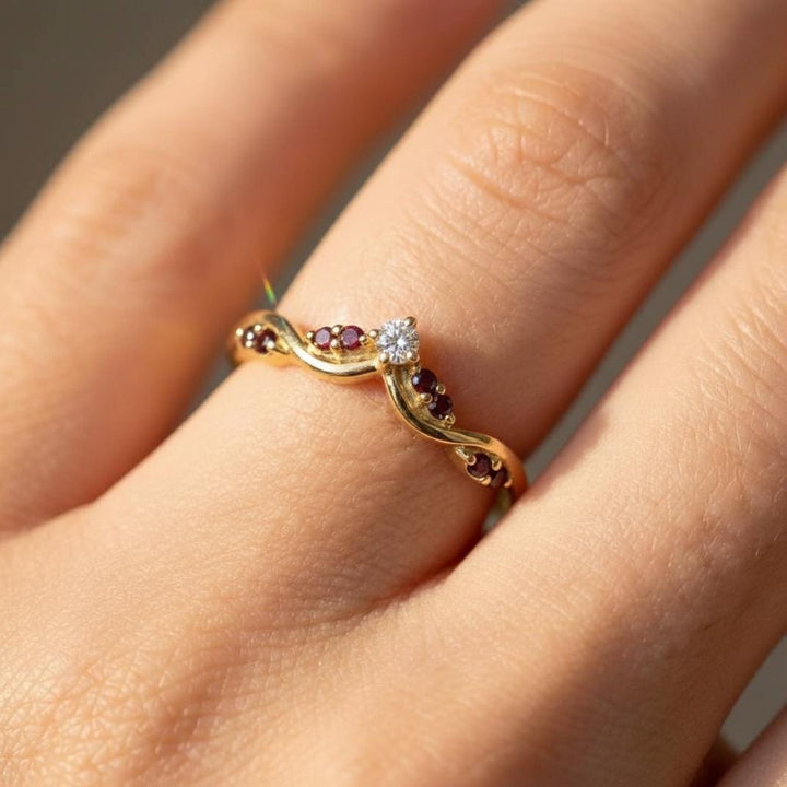 Garnet Curved Wedding Band Deep Red January Birthstone Ring V Shaped Nesting Ring Yellow Gold Chevron Stacking Ring