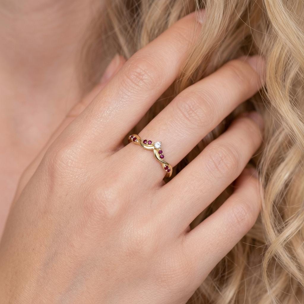 Garnet Curved Wedding Band Deep Red January Birthstone Ring V Shaped Nesting Ring Yellow Gold Chevron Stacking Ring