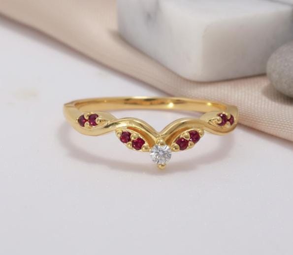 Garnet Curved Wedding Band Deep Red January Birthstone Ring V Shaped Nesting Ring Yellow Gold Chevron Stacking Ring