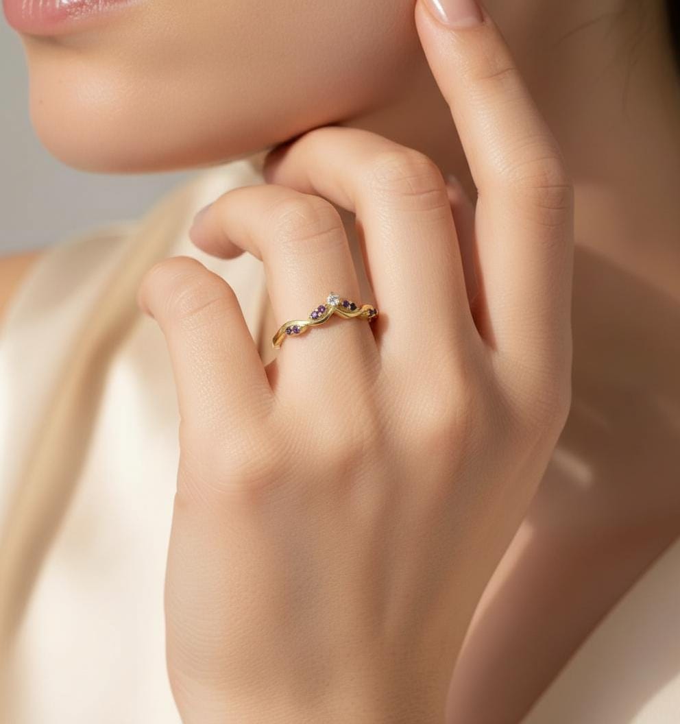 Amethyst Curved Wedding Band, Purple Gemstone Chevron Ring, February Birthstone Vine Stacking Ring, Sterling Silver Bridal Band