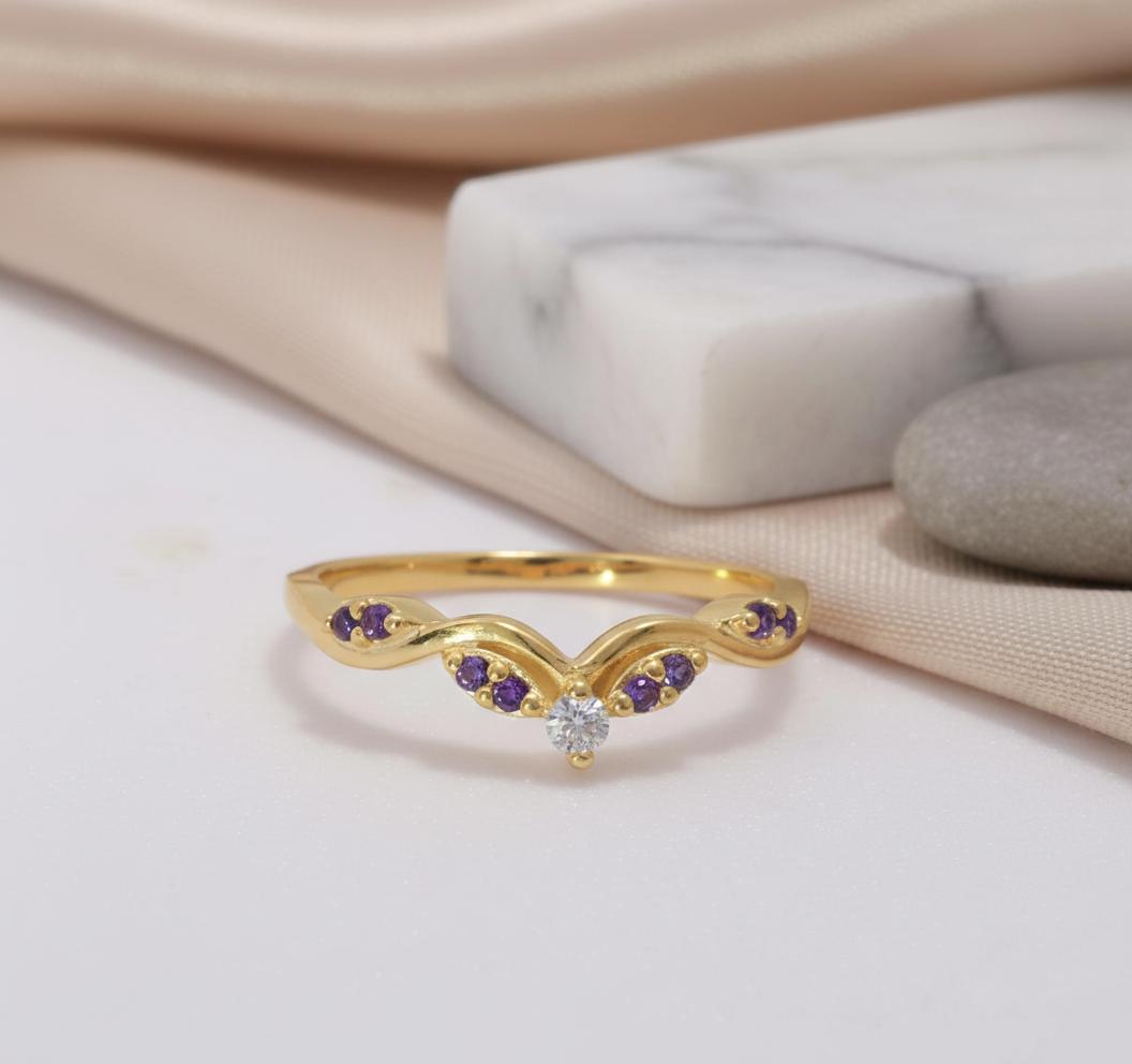 Amethyst Curved Wedding Band, Purple Gemstone Chevron Ring, February Birthstone Vine Stacking Ring, Sterling Silver Bridal Band
