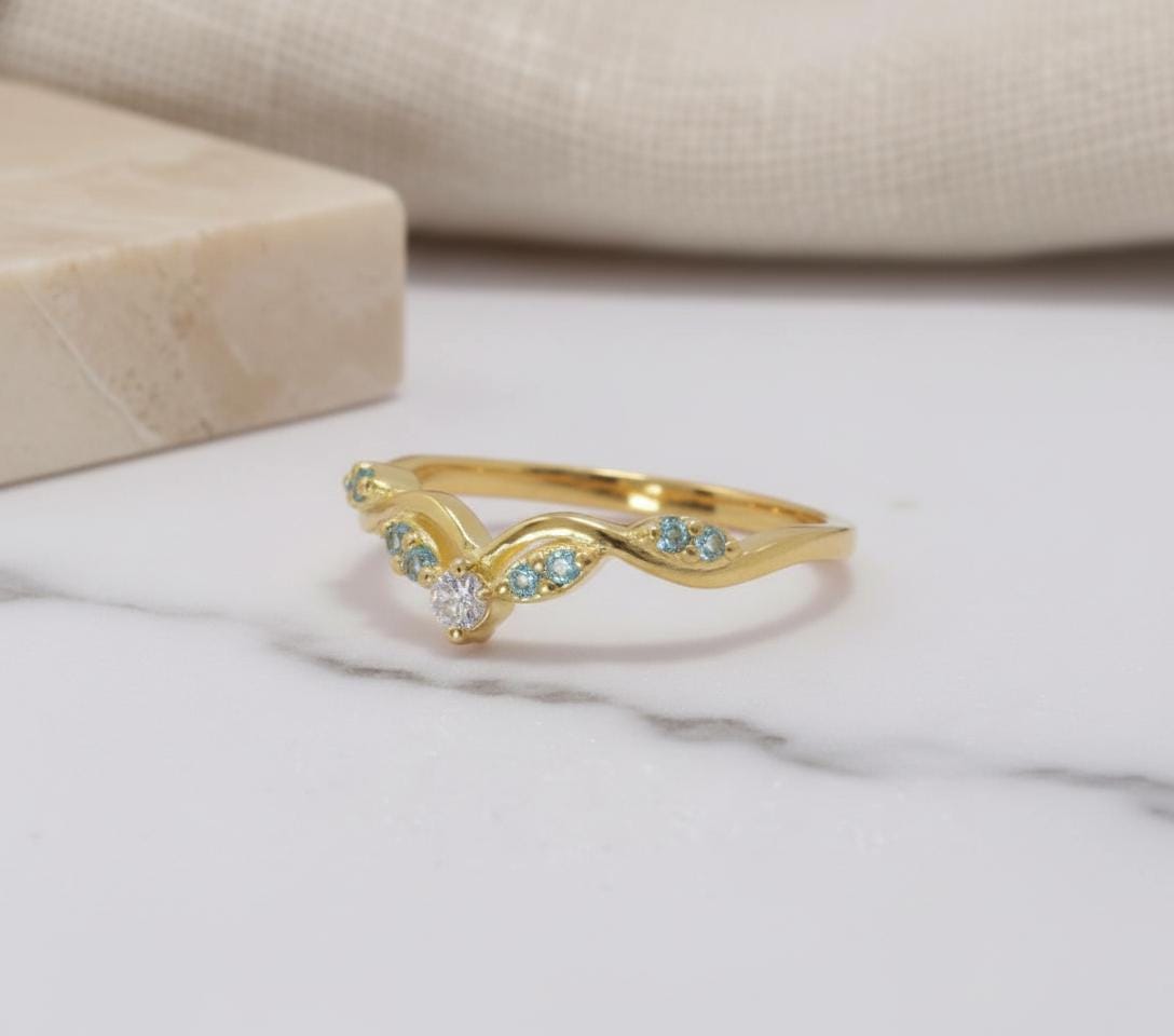 Aquamarine Wedding Band Curved V Shape Ring Light Blue Gemstone Stacking Ring Sterling Silver Vine Twist Chevron March Birthstone Jewelry