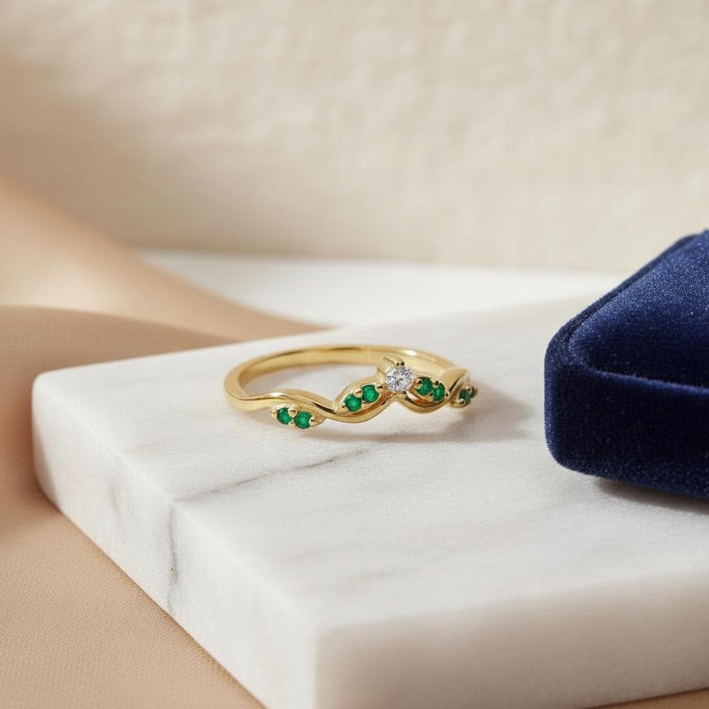 Emerald Curved Wedding Band, Green Gemstone Chevron Stacking Ring, May Birthstone Art Deco Bridal Band, Nature Inspired Ring