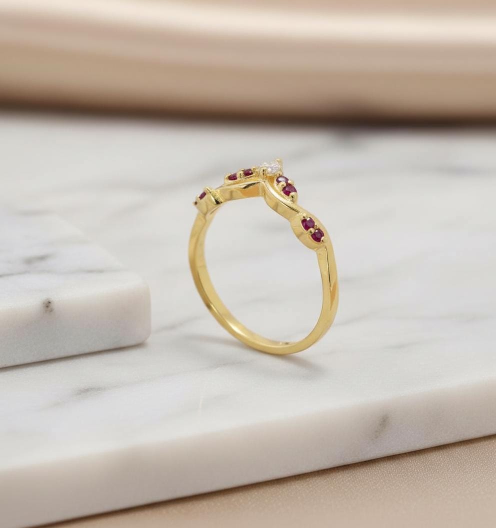 Ruby Curved Wedding Band Chevron Ring V Shape Stacking Ring Red Gemstone Promise Ring 925 Silver Art Deco Crown Bridal Jewelry
