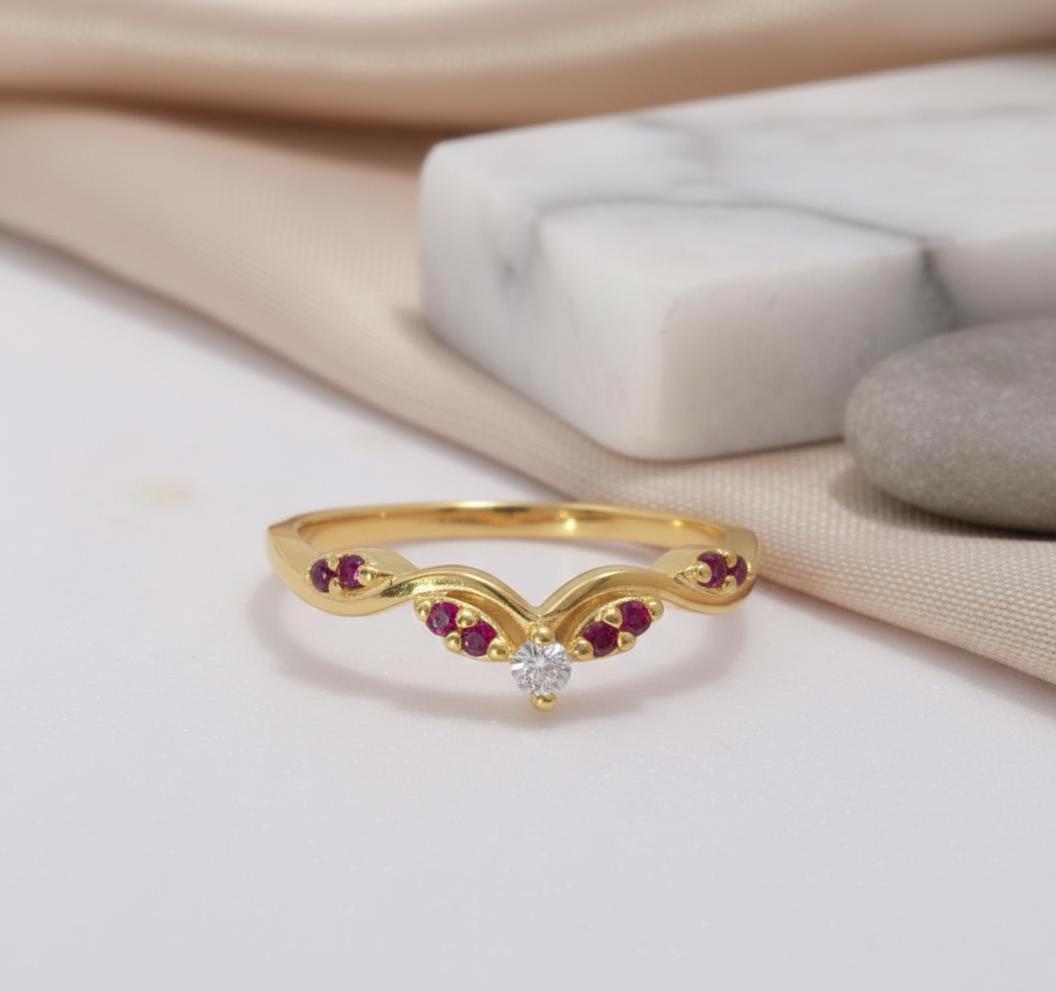 Ruby Curved Wedding Band Chevron Ring V Shape Stacking Ring Red Gemstone Promise Ring 925 Silver Art Deco Crown Bridal Jewelry