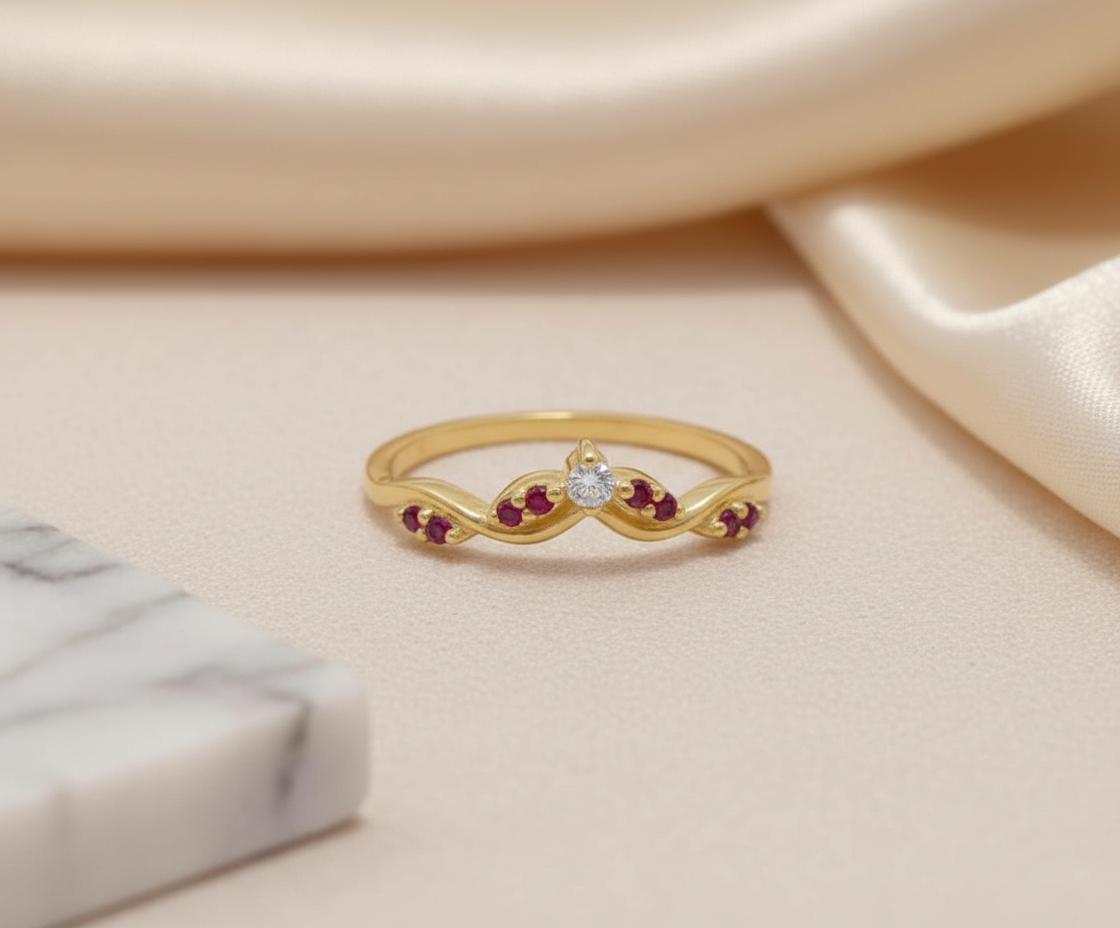 Ruby Curved Wedding Band Chevron Ring V Shape Stacking Ring Red Gemstone Promise Ring 925 Silver Art Deco Crown Bridal Jewelry