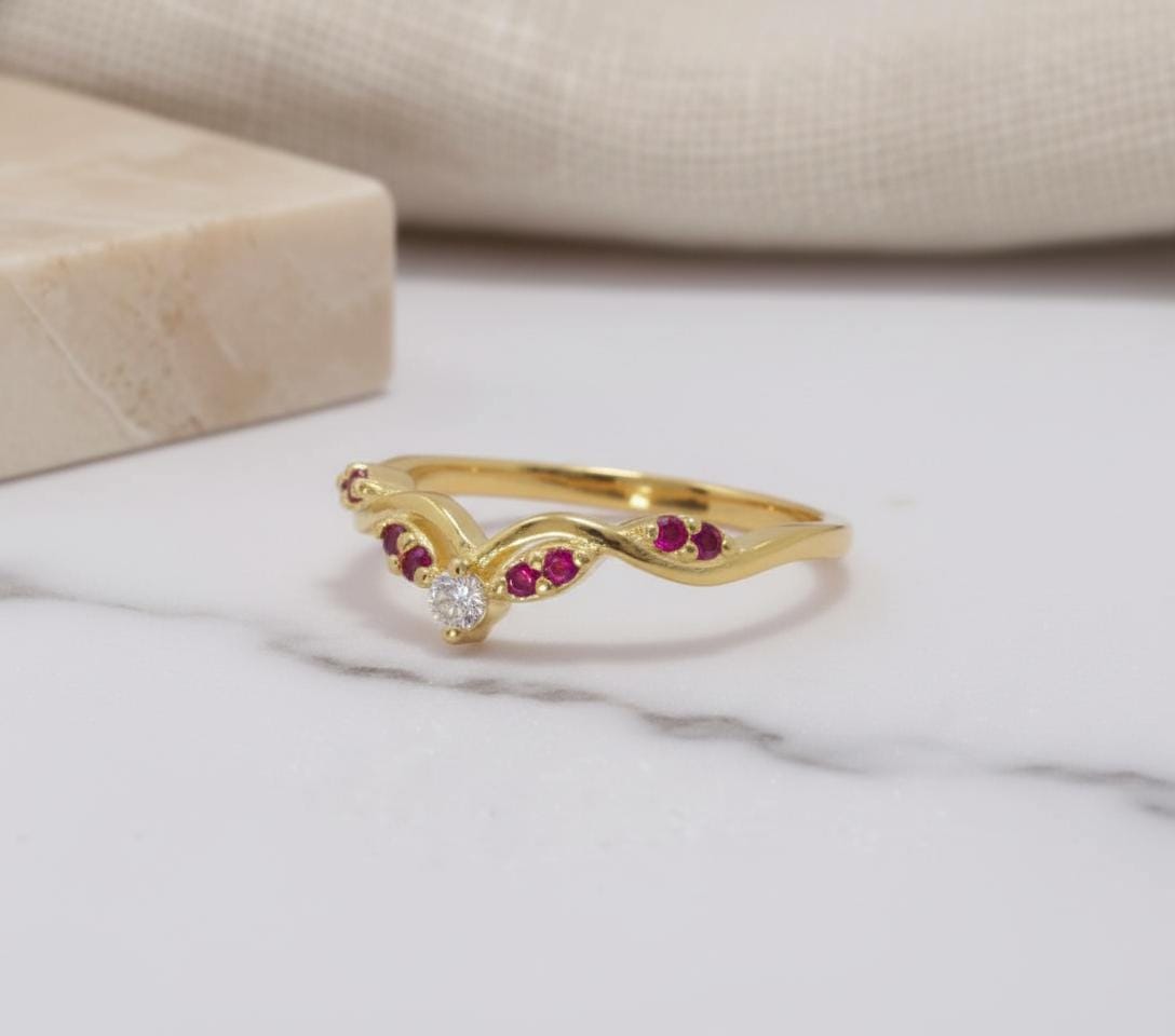 Ruby Curved Wedding Band Chevron Ring V Shape Stacking Ring Red Gemstone Promise Ring 925 Silver Art Deco Crown Bridal Jewelry
