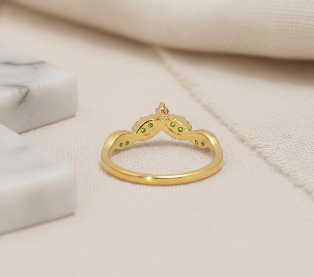 Peridot Curved Wedding Band, Chevron Stacking Ring, V Shape Vine Ring, August Birthstone, Artisan Bridal Jewelry