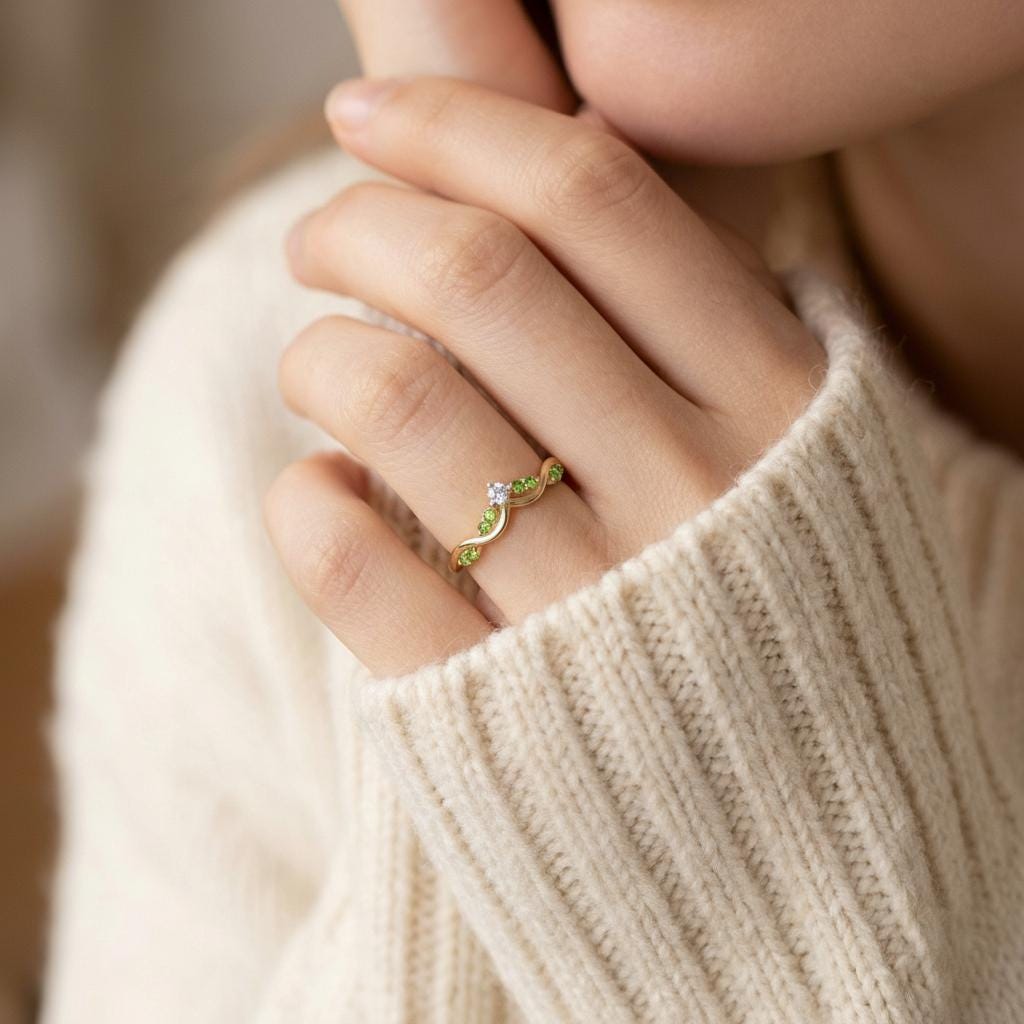 Peridot Curved Wedding Band, Chevron Stacking Ring, V Shape Vine Ring, August Birthstone, Artisan Bridal Jewelry