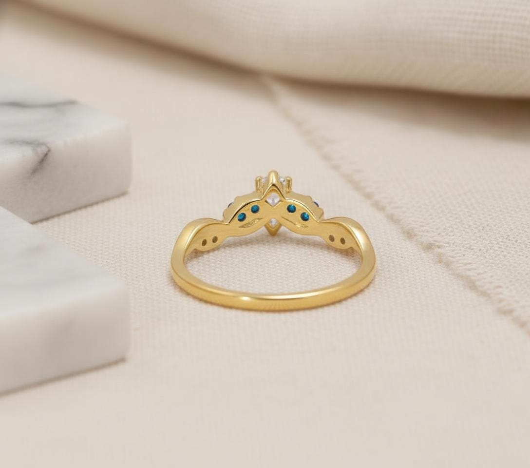 Blue Zircon Curved Wedding Band  December Birthstone Ring Art Deco Chevron Stacking Ring V Shape Nesting Band Bridal Jewelry