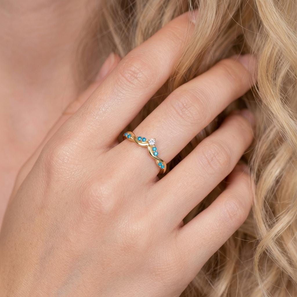 Blue Zircon Curved Wedding Band  December Birthstone Ring Art Deco Chevron Stacking Ring V Shape Nesting Band Bridal Jewelry
