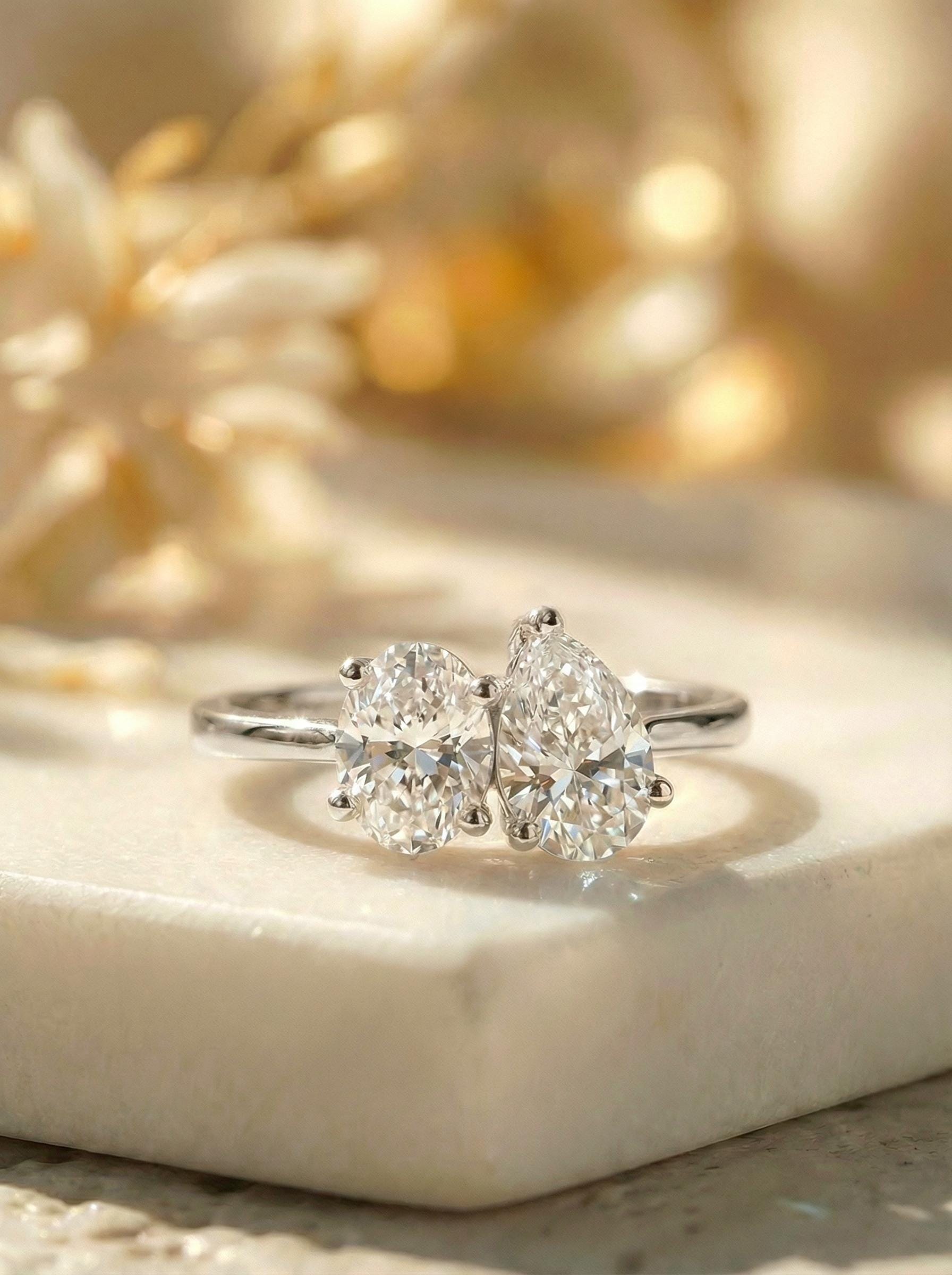 1.5ct Lab Grown Diamond Toi et Moi Ring, 14K Gold Pear & Oval Cut Engagement Ring, Two Stone Diamond Wedding Ring, Unique Bridal Jewelry