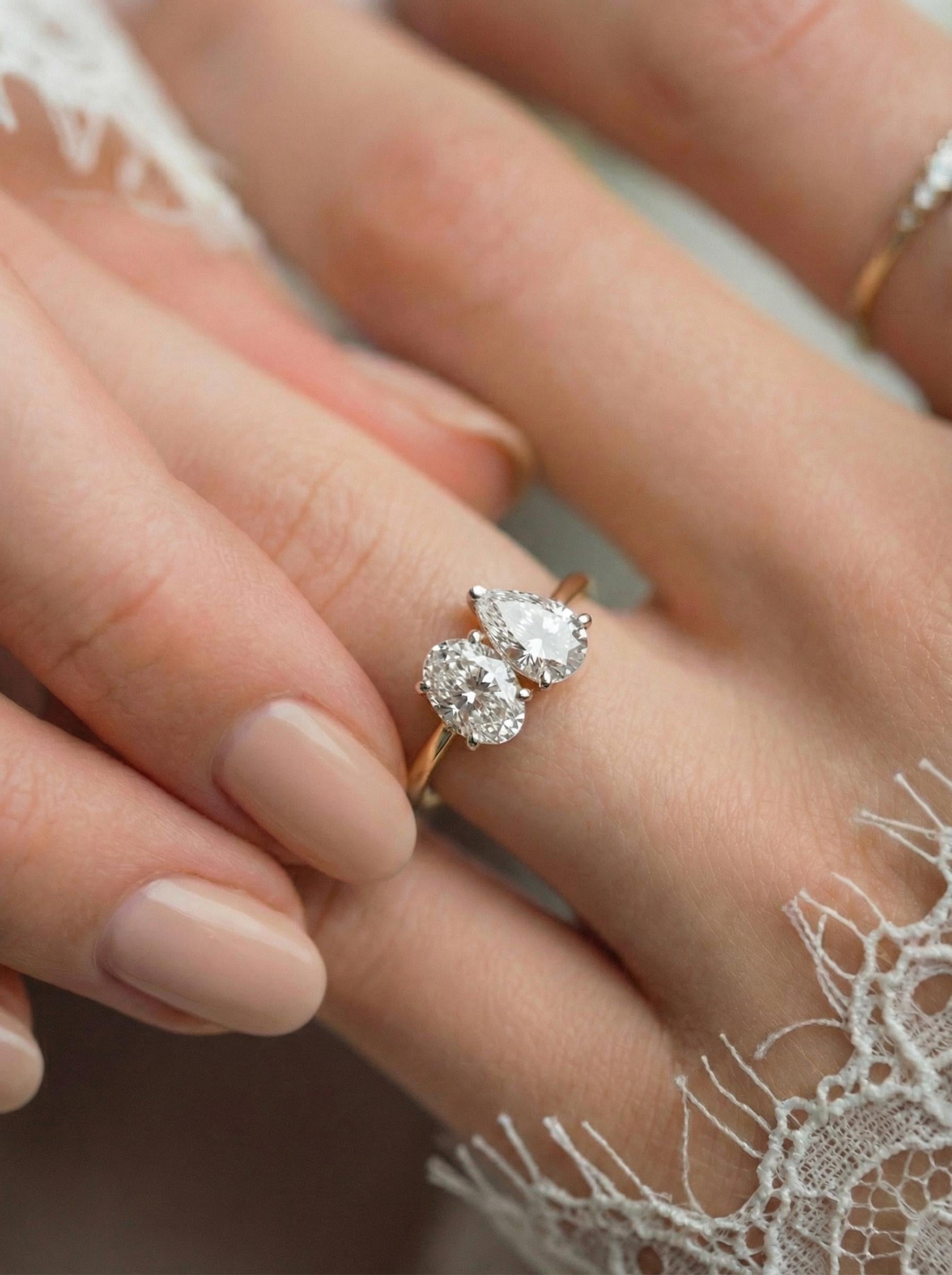 1.5ct Lab Grown Diamond Toi et Moi Ring, 14K Gold Pear & Oval Cut Engagement Ring, Two Stone Diamond Wedding Ring, Unique Bridal Jewelry