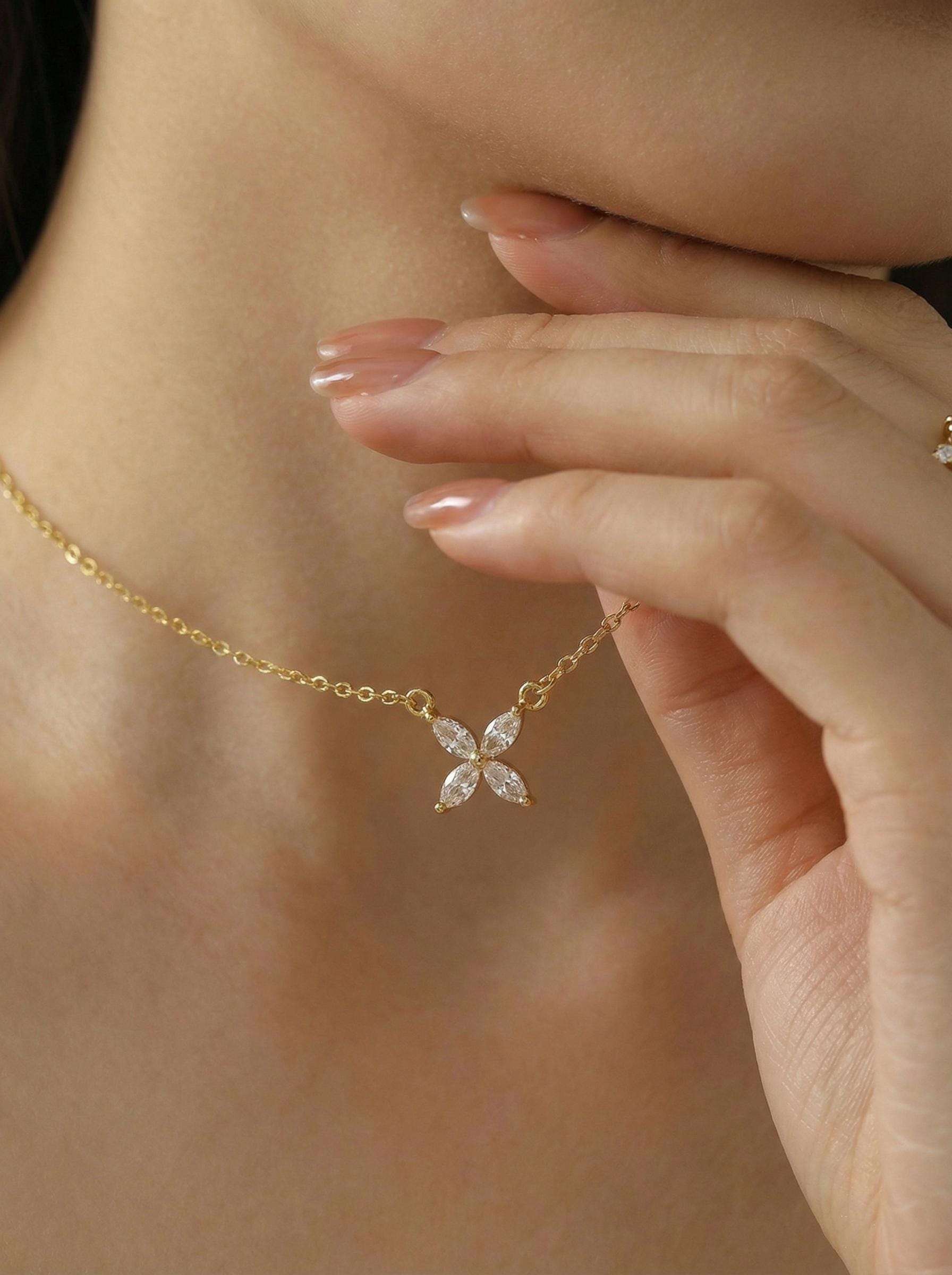 Bridesmaid Gift Lab Grown Diamond Necklace, Marquise Flower Pendant,  Minimalist Wedding Jewelry, Gift Set 0.40ct
