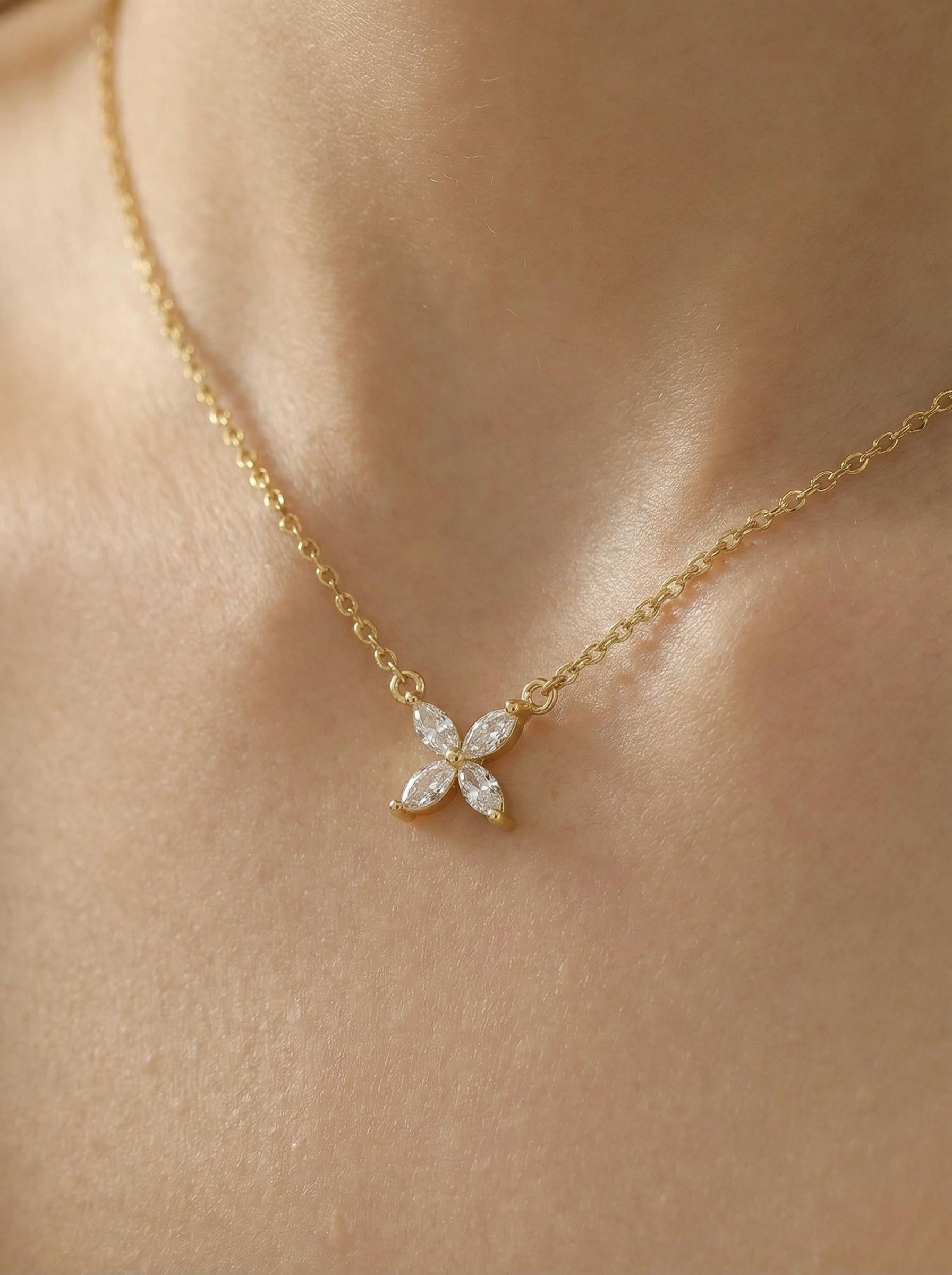 Bridesmaid Gift Lab Grown Diamond Necklace, Marquise Flower Pendant,  Minimalist Wedding Jewelry, Gift Set 0.40ct