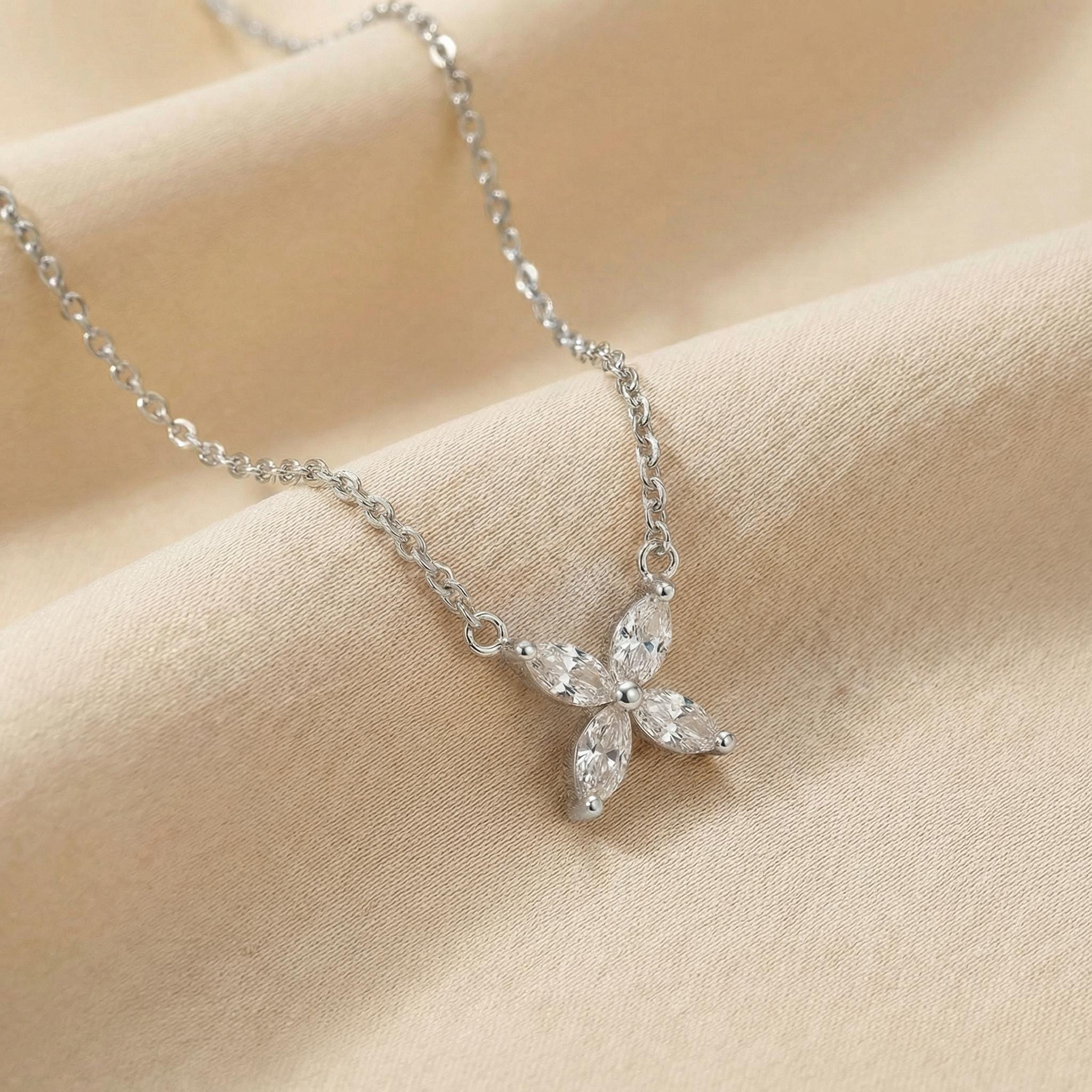 Bridesmaid Gift Lab Grown Diamond Necklace, Marquise Flower Pendant,  Minimalist Wedding Jewelry, Gift Set 0.40ct