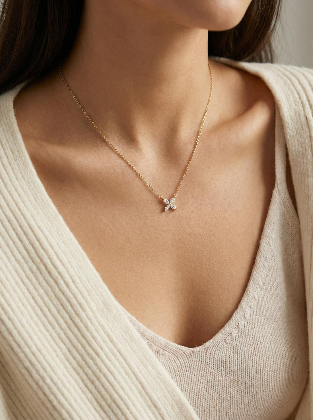 Bridesmaid Gift Lab Grown Diamond Necklace, Marquise Flower Pendant,  Minimalist Wedding Jewelry, Gift Set 0.40ct
