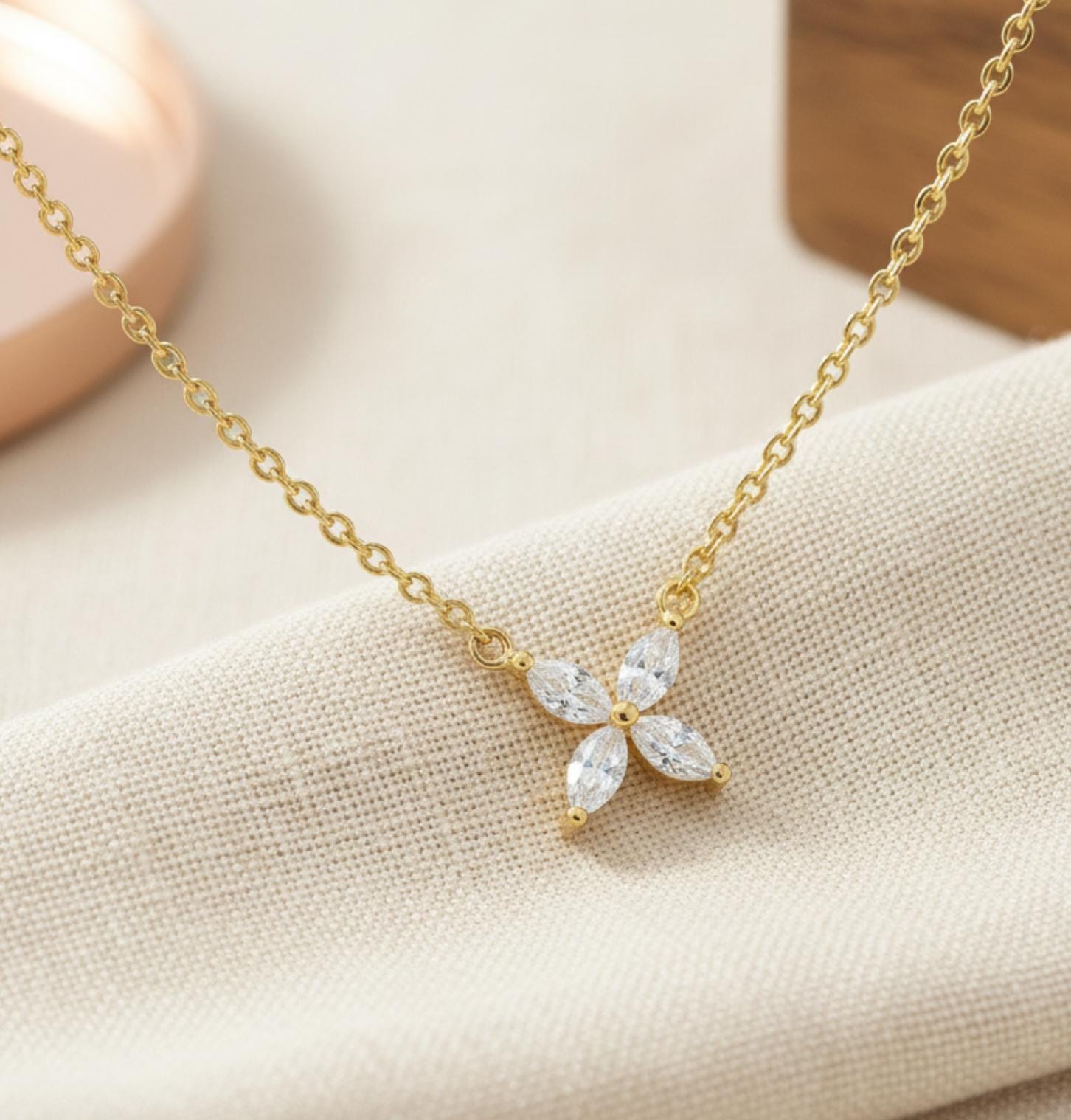 Bridesmaid Gift Lab Grown Diamond Necklace, Marquise Flower Pendant,  Minimalist Wedding Jewelry, Gift Set 0.40ct