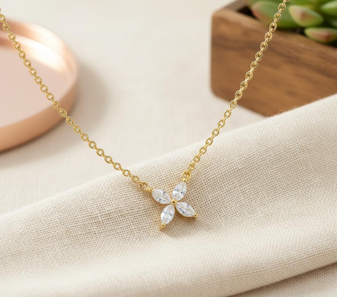 Bridesmaid Gift Lab Grown Diamond Necklace, Marquise Flower Pendant,  Minimalist Wedding Jewelry, Gift Set 0.40ct