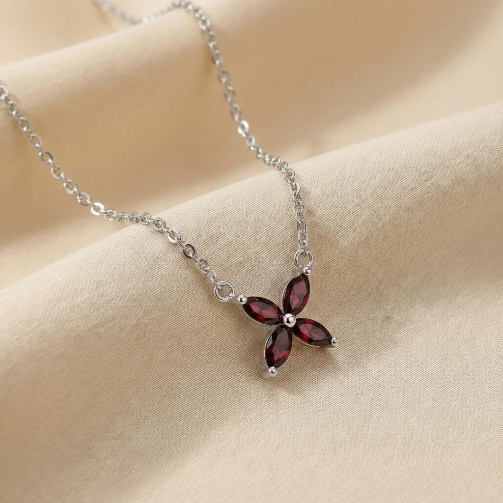Garnet Birthstone Necklace, January Birthstone Jewelry, Marquise Flower Pendant, Red Gemstone Bridesmaid Gift for Her