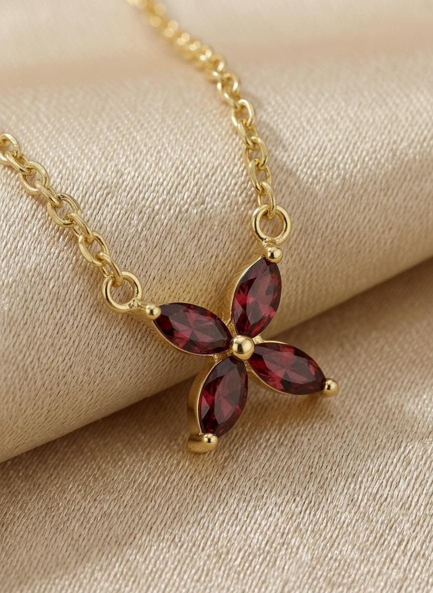 Garnet Birthstone Necklace, January Birthstone Jewelry, Marquise Flower Pendant, Red Gemstone Bridesmaid Gift for Her