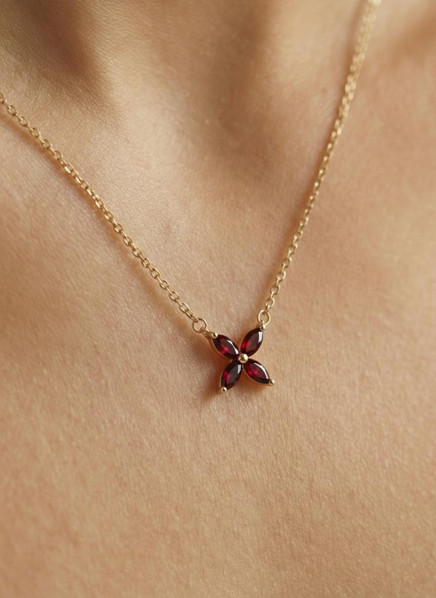Garnet Birthstone Necklace, January Birthstone Jewelry, Marquise Flower Pendant, Red Gemstone Bridesmaid Gift for Her