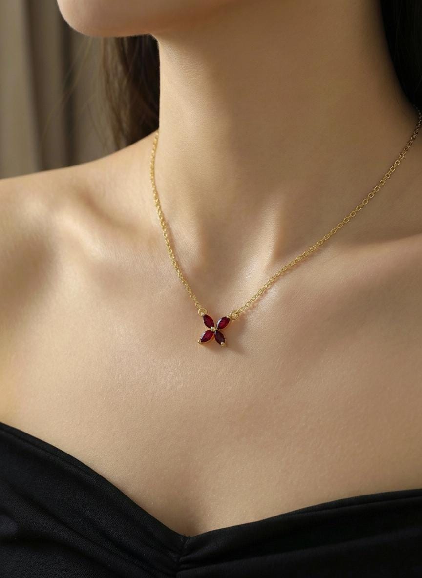 Garnet Birthstone Necklace, January Birthstone Jewelry, Marquise Flower Pendant, Red Gemstone Bridesmaid Gift for Her