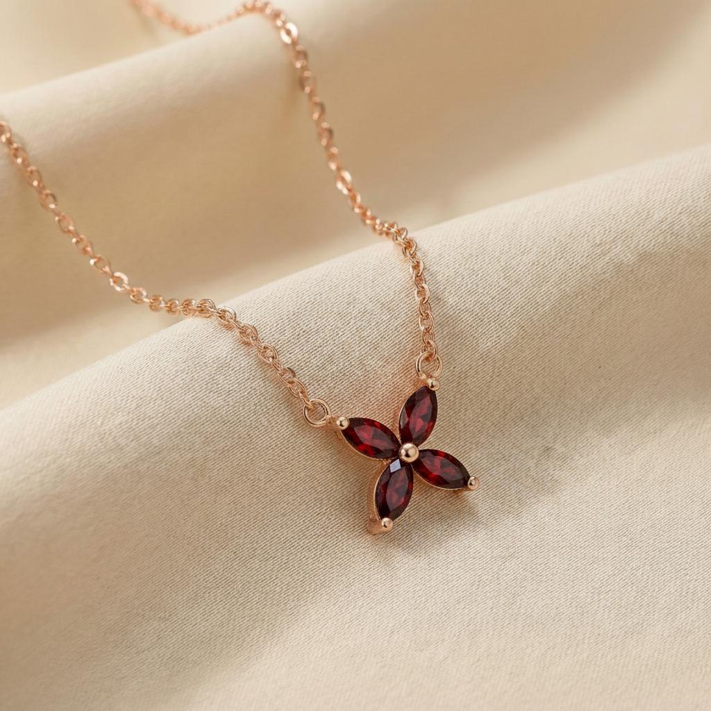 Garnet Birthstone Necklace, January Birthstone Jewelry, Marquise Flower Pendant, Red Gemstone Bridesmaid Gift for Her