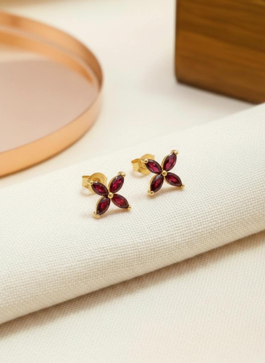 Garnet Birthstone Necklace, January Birthstone Jewelry, Marquise Flower Pendant, Red Gemstone Bridesmaid Gift for Her