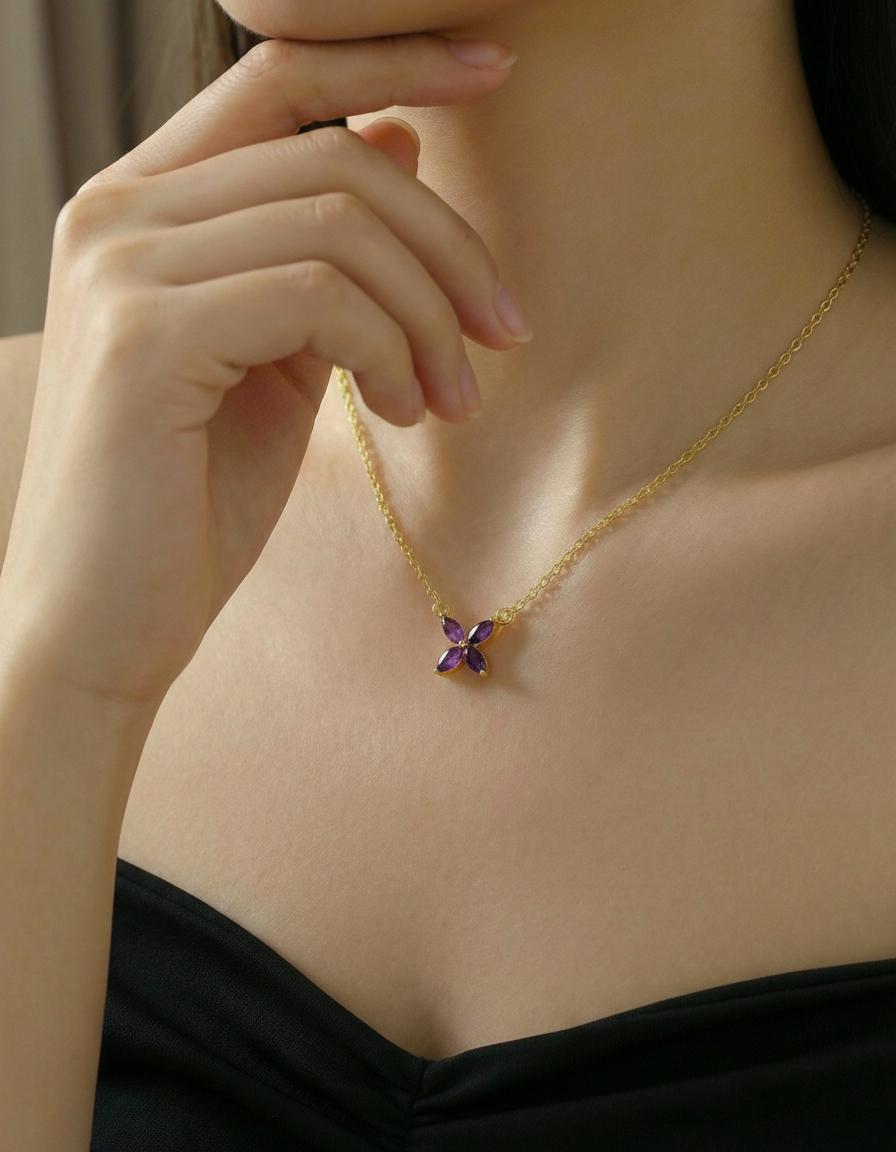 Amethyst Birthstone Necklace, Marquise Flower Pendant, February Birthstone Jewelry, Purple Gemstone Bridesmaid Gift, Dainty Floral Necklace