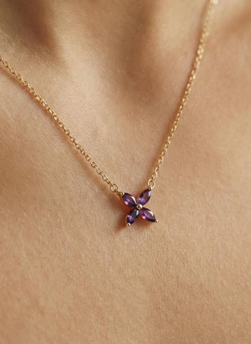 Amethyst Birthstone Necklace, Marquise Flower Pendant, February Birthstone Jewelry, Purple Gemstone Bridesmaid Gift, Dainty Floral Necklace