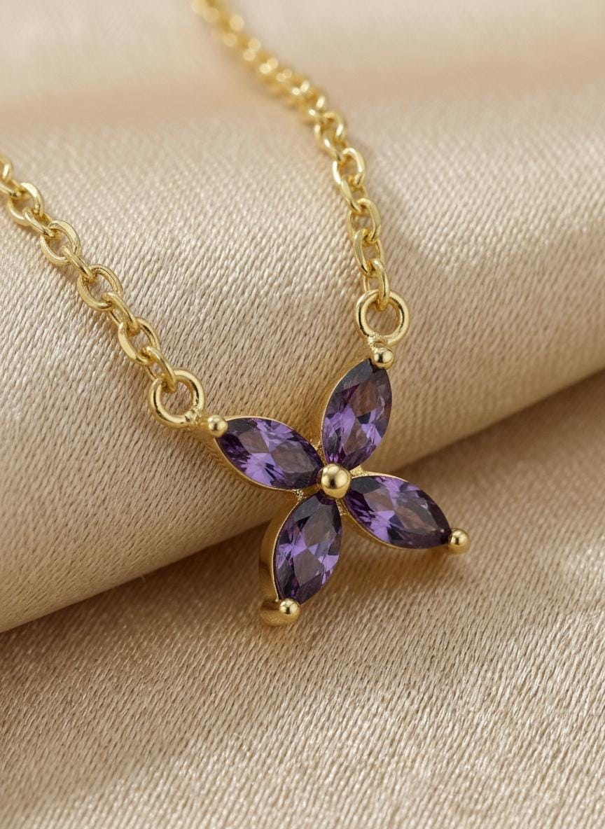 Amethyst Birthstone Necklace, Marquise Flower Pendant, February Birthstone Jewelry, Purple Gemstone Bridesmaid Gift, Dainty Floral Necklace