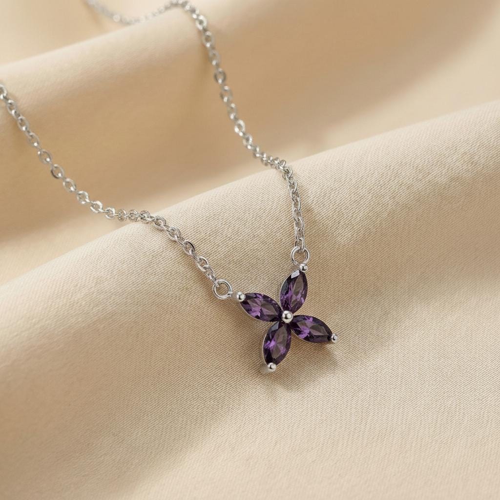 Amethyst Birthstone Necklace, Marquise Flower Pendant, February Birthstone Jewelry, Purple Gemstone Bridesmaid Gift, Dainty Floral Necklace