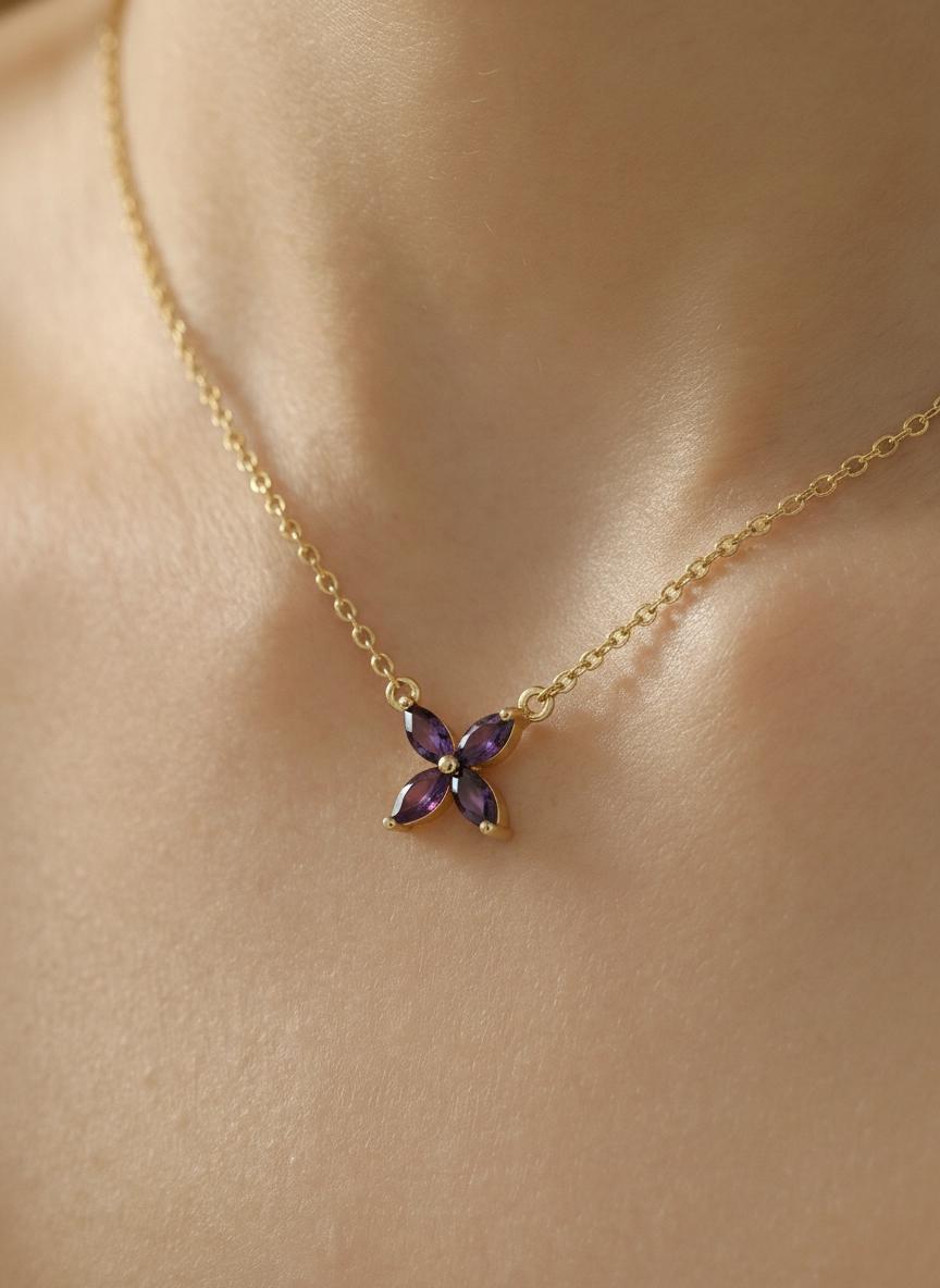 Amethyst Birthstone Necklace, Marquise Flower Pendant, February Birthstone Jewelry, Purple Gemstone Bridesmaid Gift, Dainty Floral Necklace