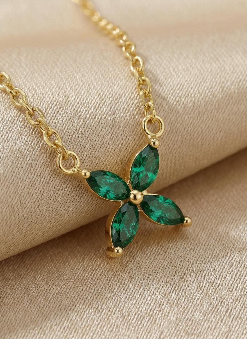 Emerald Birthstone Necklace, Marquise Flower Pendant, Dainty Green Gemstone Bridesmaid Necklace, May Birthstone Bridal Party Gift