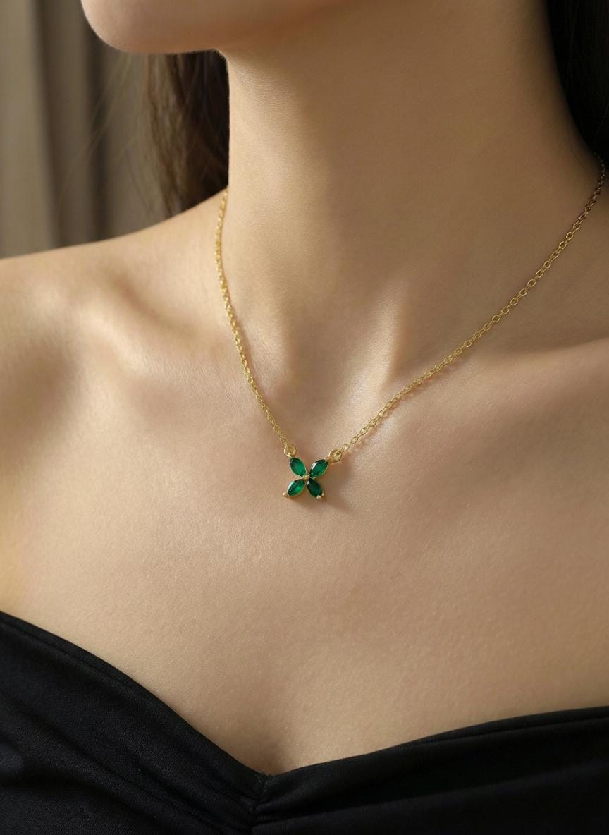Emerald Birthstone Necklace, Marquise Flower Pendant, Dainty Green Gemstone Bridesmaid Necklace, May Birthstone Bridal Party Gift