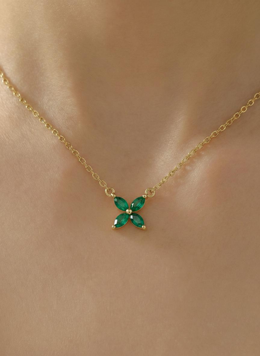 Emerald Birthstone Necklace, Marquise Flower Pendant, Dainty Green Gemstone Bridesmaid Necklace, May Birthstone Bridal Party Gift