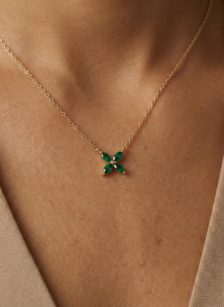 Emerald Birthstone Necklace, Marquise Flower Pendant, Dainty Green Gemstone Bridesmaid Necklace, May Birthstone Bridal Party Gift
