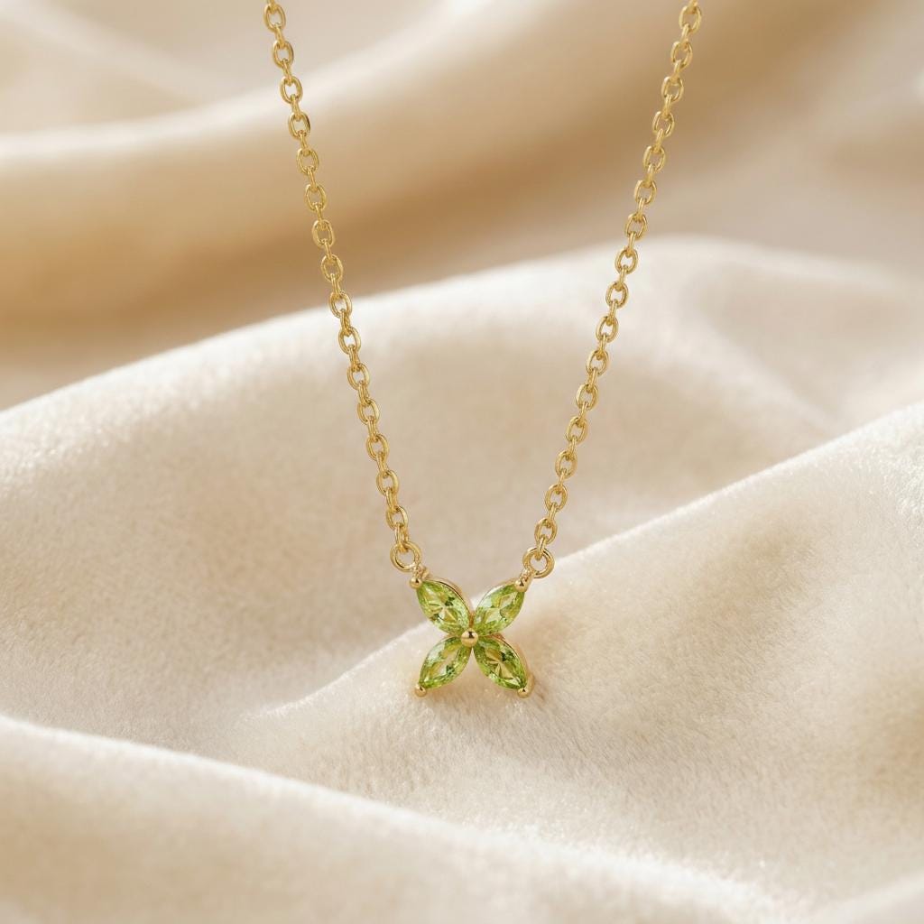 Peridot Necklace Marquise Flower Pendant Bridesmaid Gift  August Birthstone Charm Dainty Floral Cross
